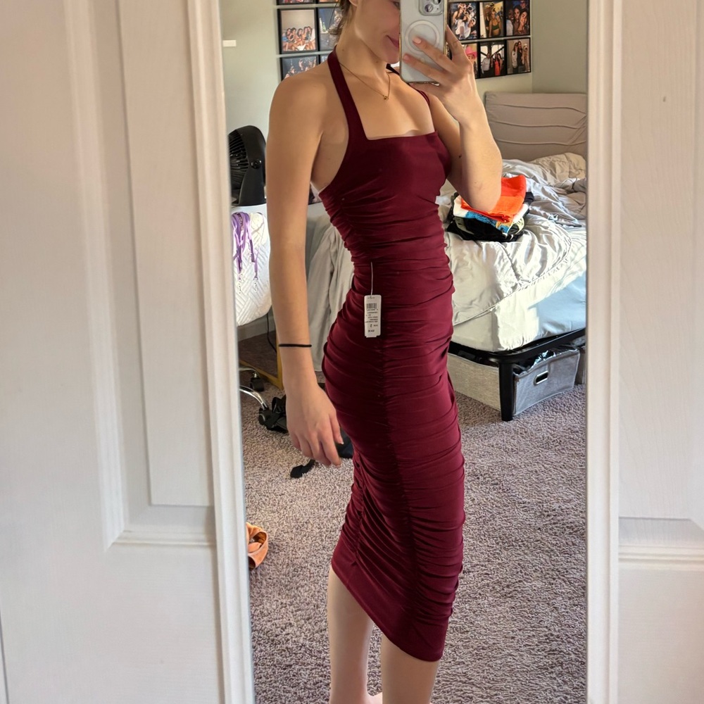SOLD. Windsor Burgundy Midi Halter Dress - Picture 2 of 6